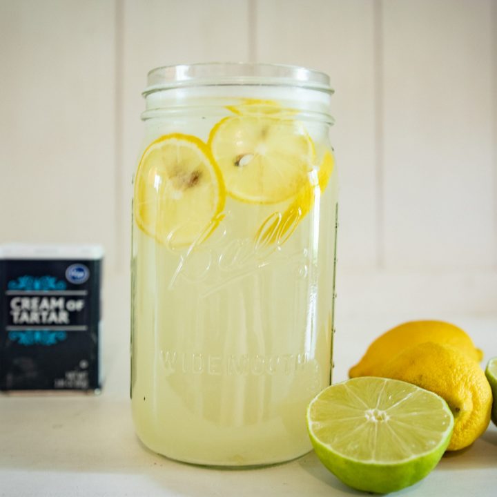 lemon lime electrolyte drink with lemons and limes next to it