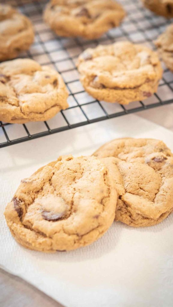 sourdough chocolate chip cookies on a napkin