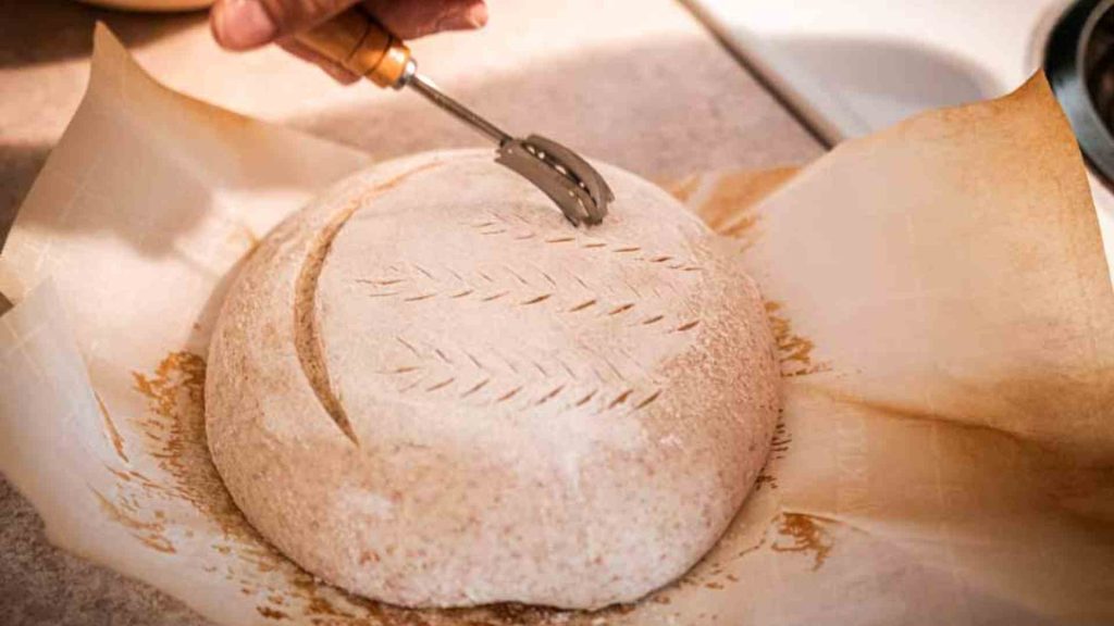 a bread lame scoring the decorative score into dutch oven sourdough bread dough