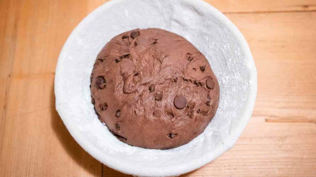 chocolate sourdough bread dough with chocolate chips in it sitting in a banneton basket