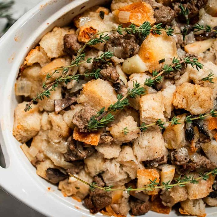 sausage apple sourdough stuffing with fresh herbs