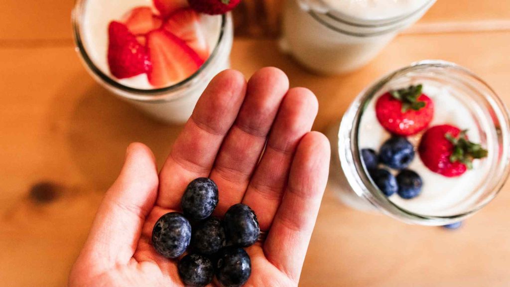 hand holding blueberries with raw milk instant pot yogurt in the background