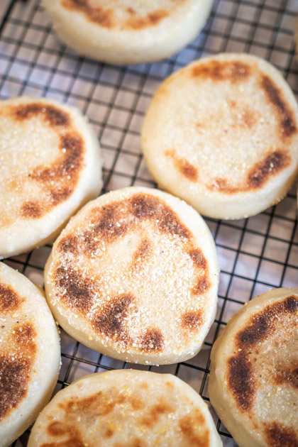 finished sourdough english muffins on a wire cooling rack