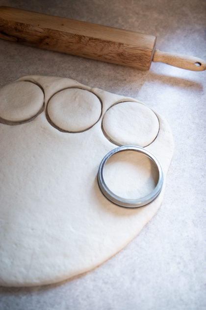sourdough english muffin dough cut with a mason jar ring