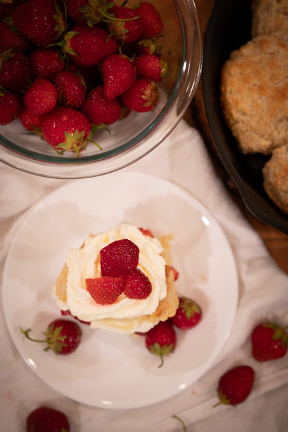 top down shot of strawberry shortcake on a white plate