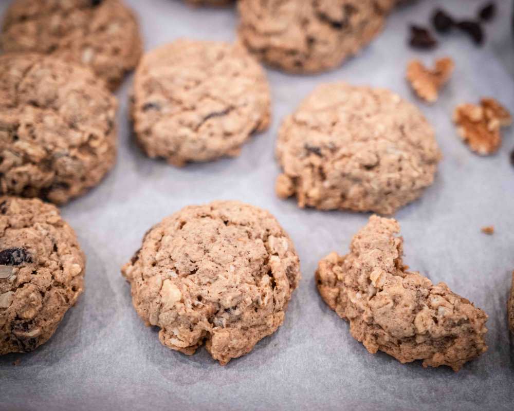 sourdough breakfast cookies on a baking sheet
