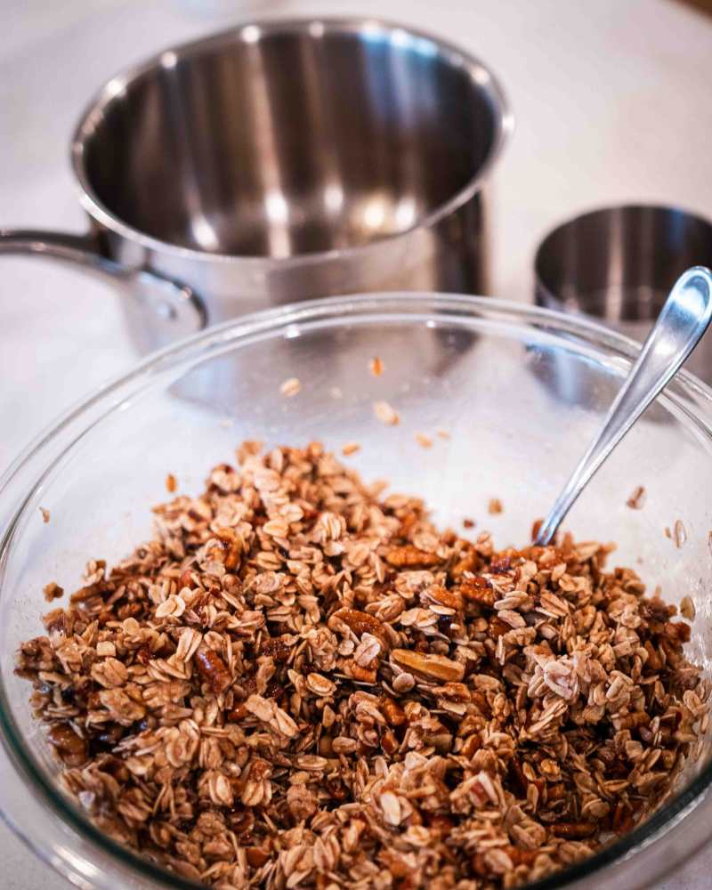 granola mixture in a glass bowl